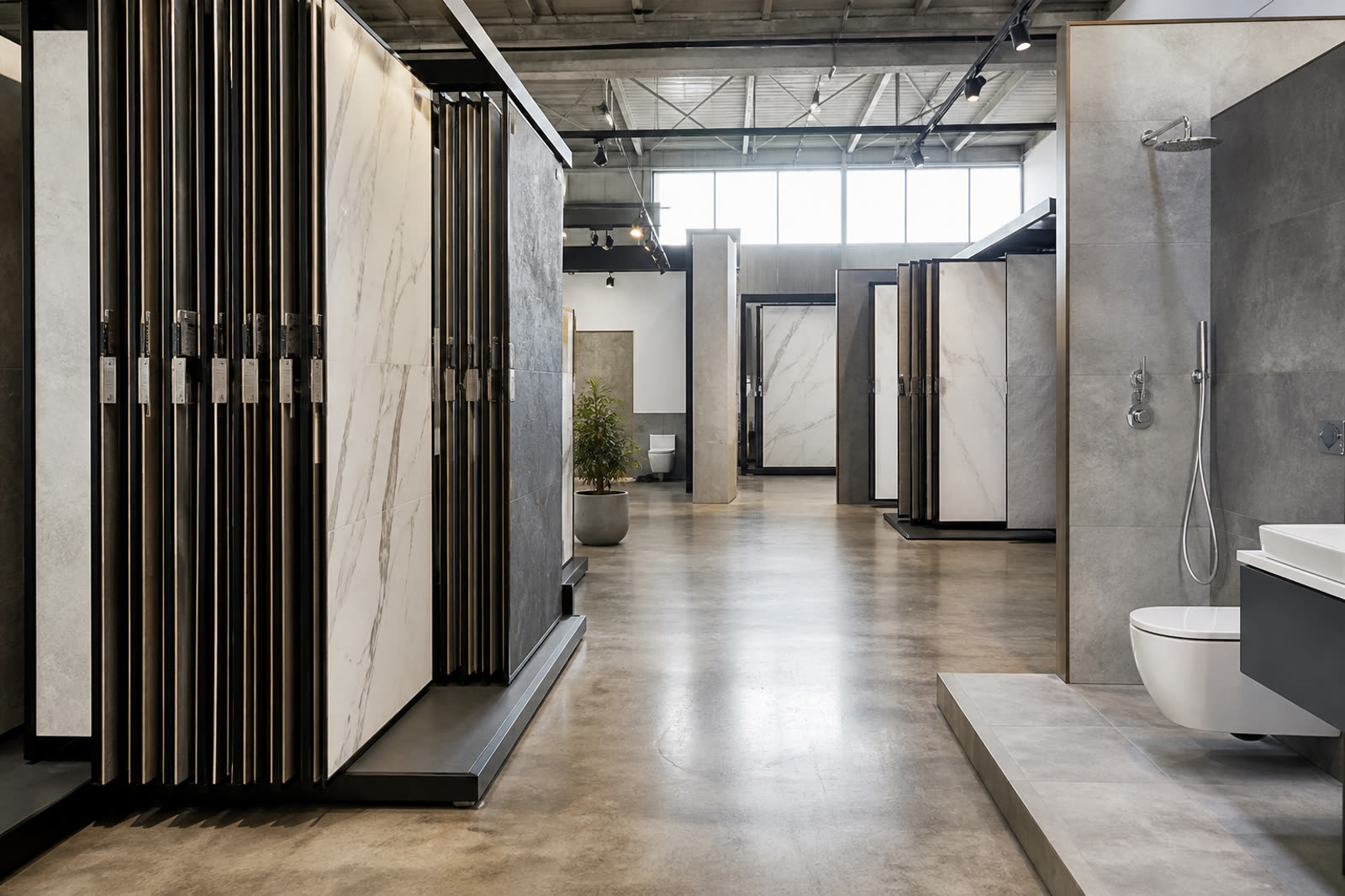 Interior de showroom com placas de cerâmico em expositores e um canto de casa de banho com loiça branca e cromados